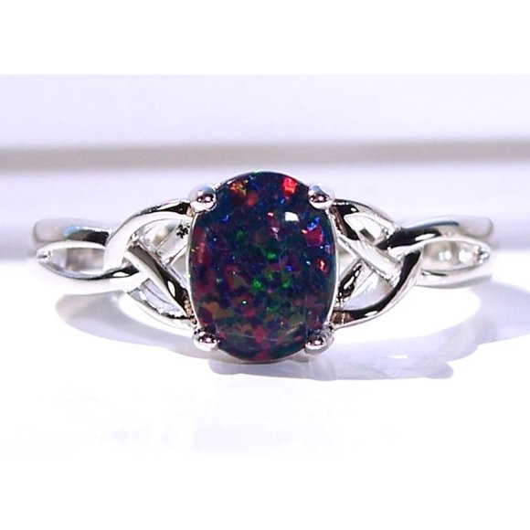925 STERLING SILVER  Oval Lab Created Black Opal Ring - Picture 5 of 16